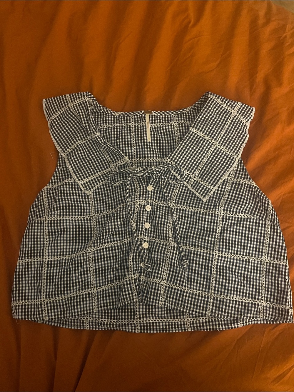 Free People Blue and White Gingham Button Front Cropped Top with Collar - Picture 2 of 5